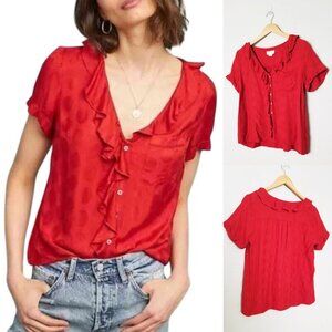 Anthropologie Maeve Jojo Ruffle V Neck Blouse Top S Red Dots Button Front Sweet